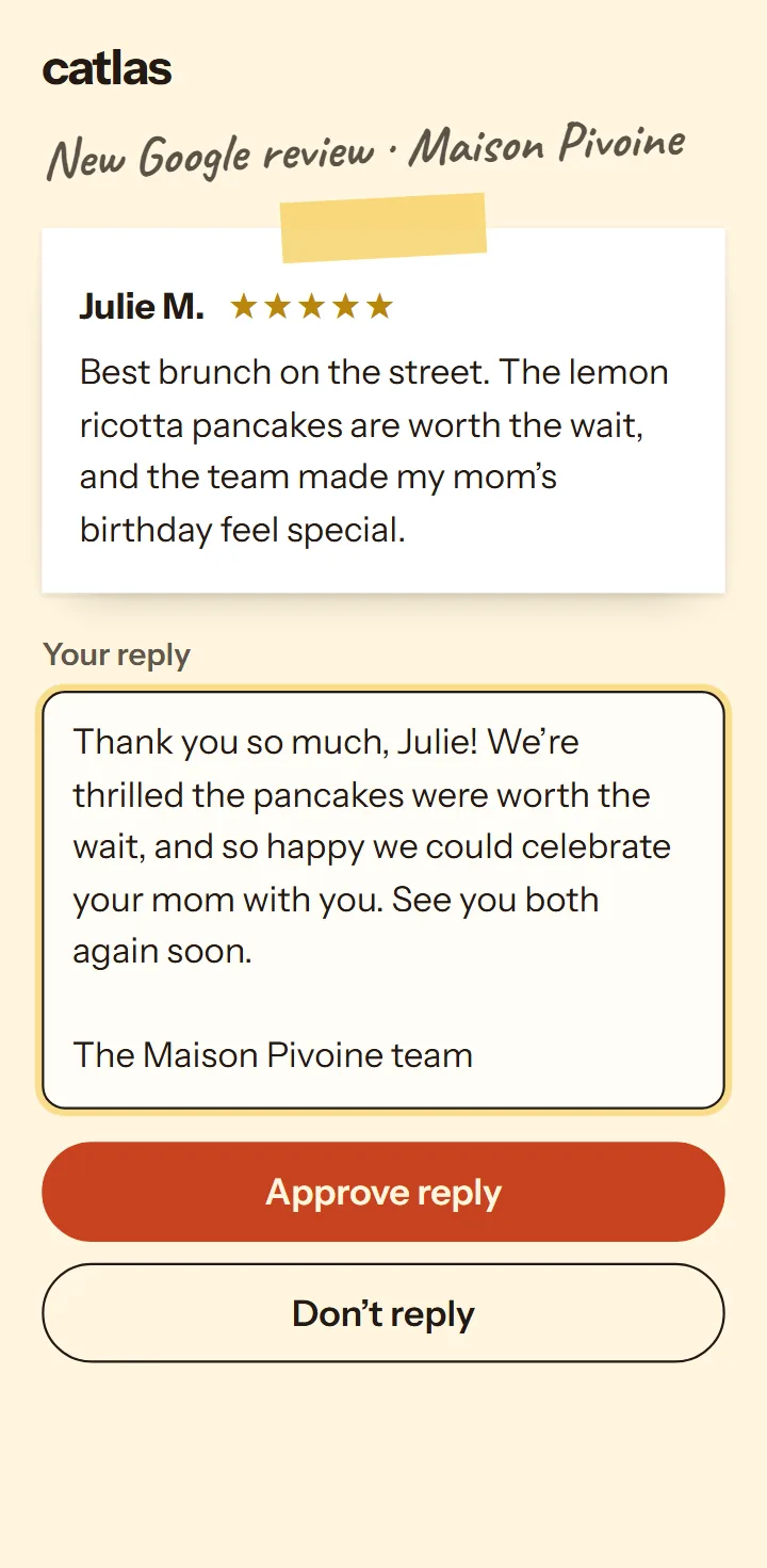 A new five-star Google review, with a reply already drafted and an Approve reply button