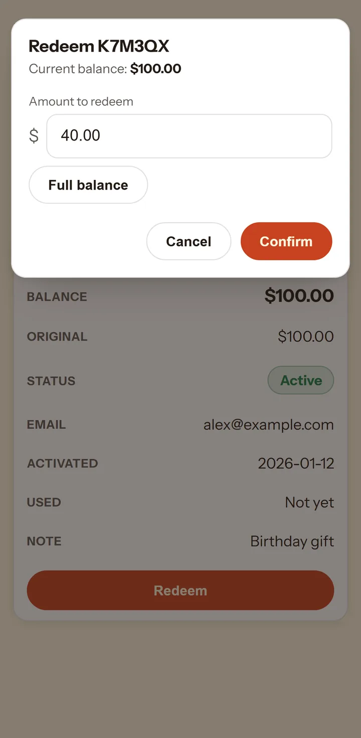 Staff redeeming $40 from card K7M3QX in the gift card portal