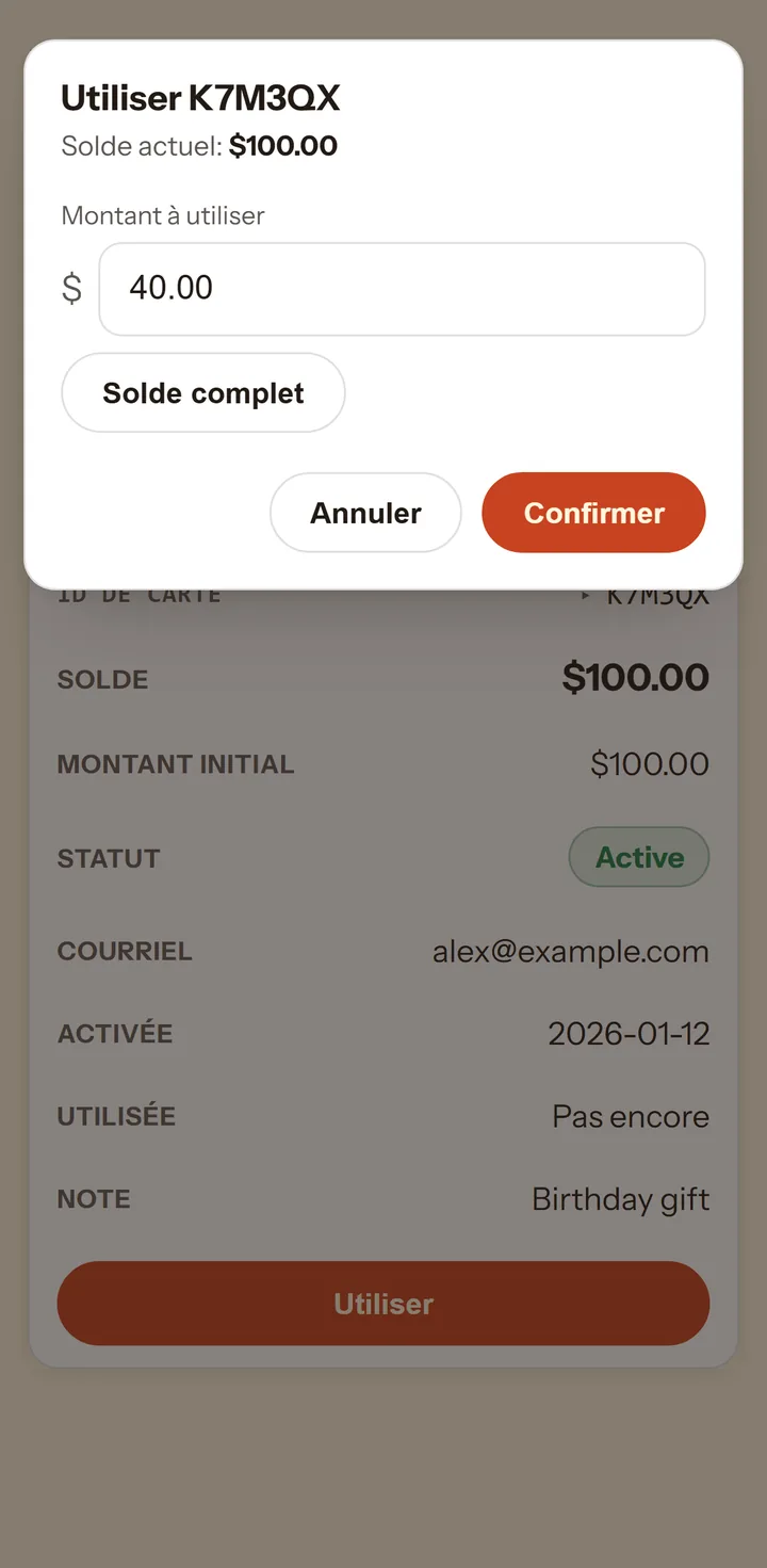 Un employé utilise 40 $ de la carte K7M3QX dans le portail des cartes-cadeaux