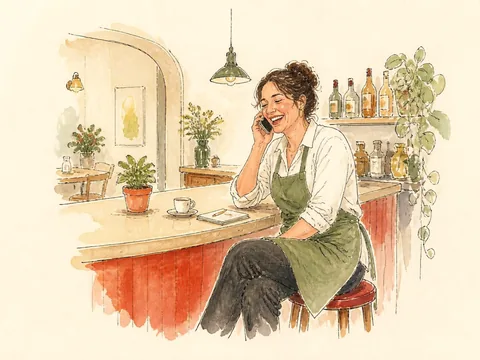 Drawing of a restaurant owner laughing on the phone at her bar