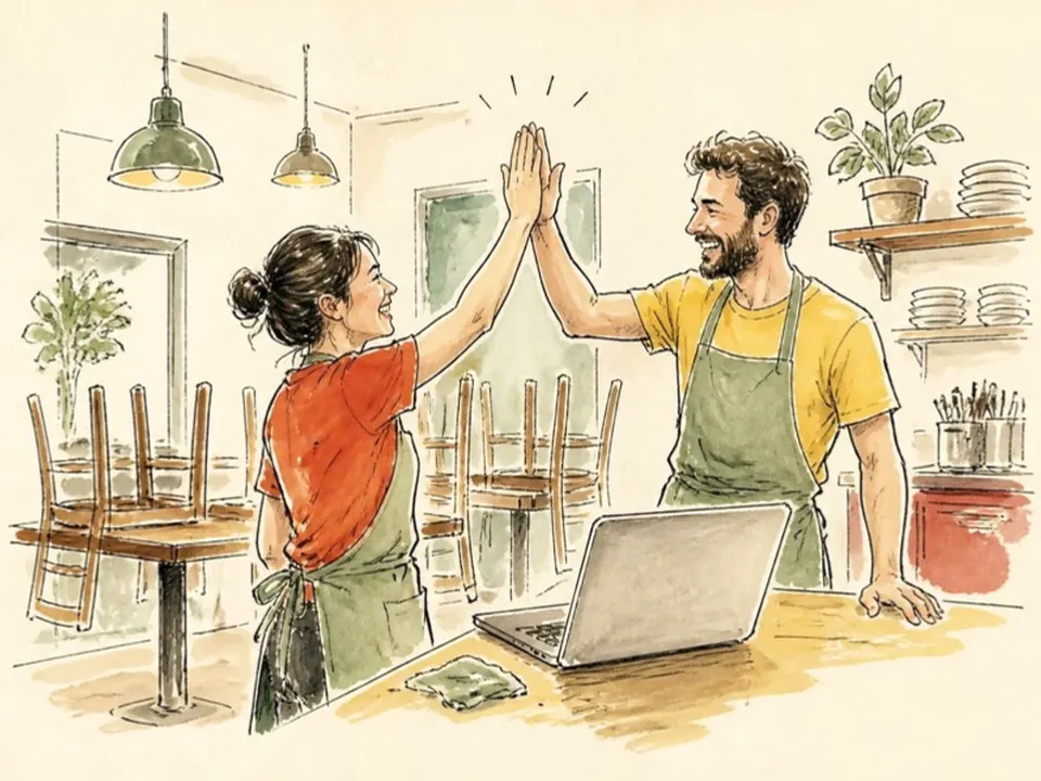 Drawing of two people high-fiving next to a laptop in their restaurant