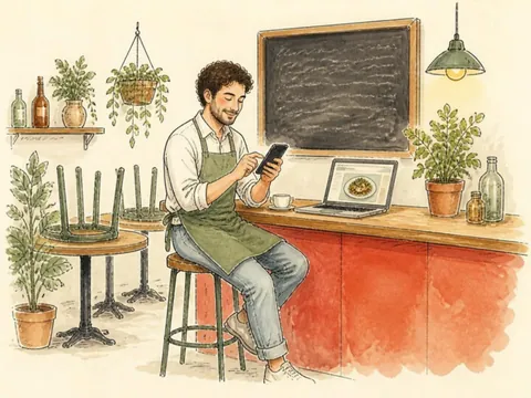 Drawing of a café owner on a stool updating the menu on his phone before opening