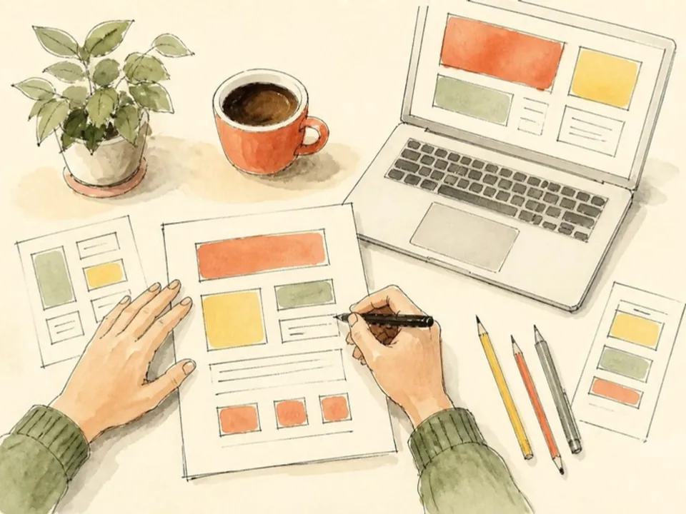 Drawing of hands sketching website pages next to a laptop