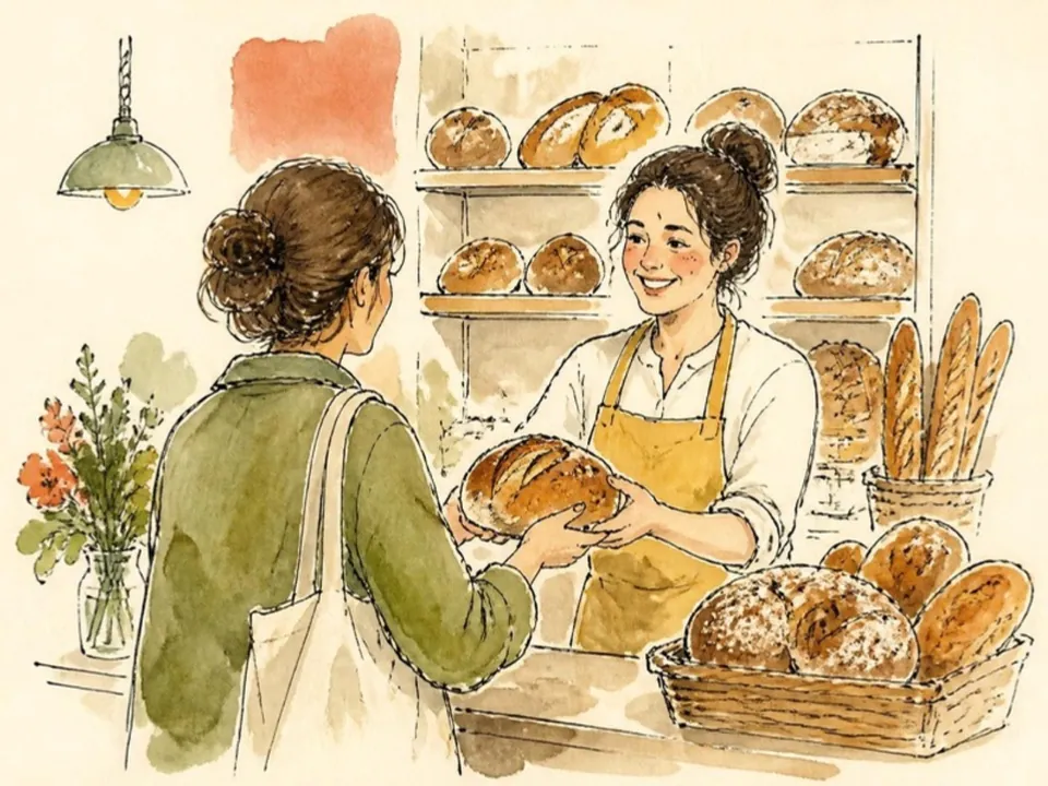 Drawing of a smiling baker serving a customer at the counter