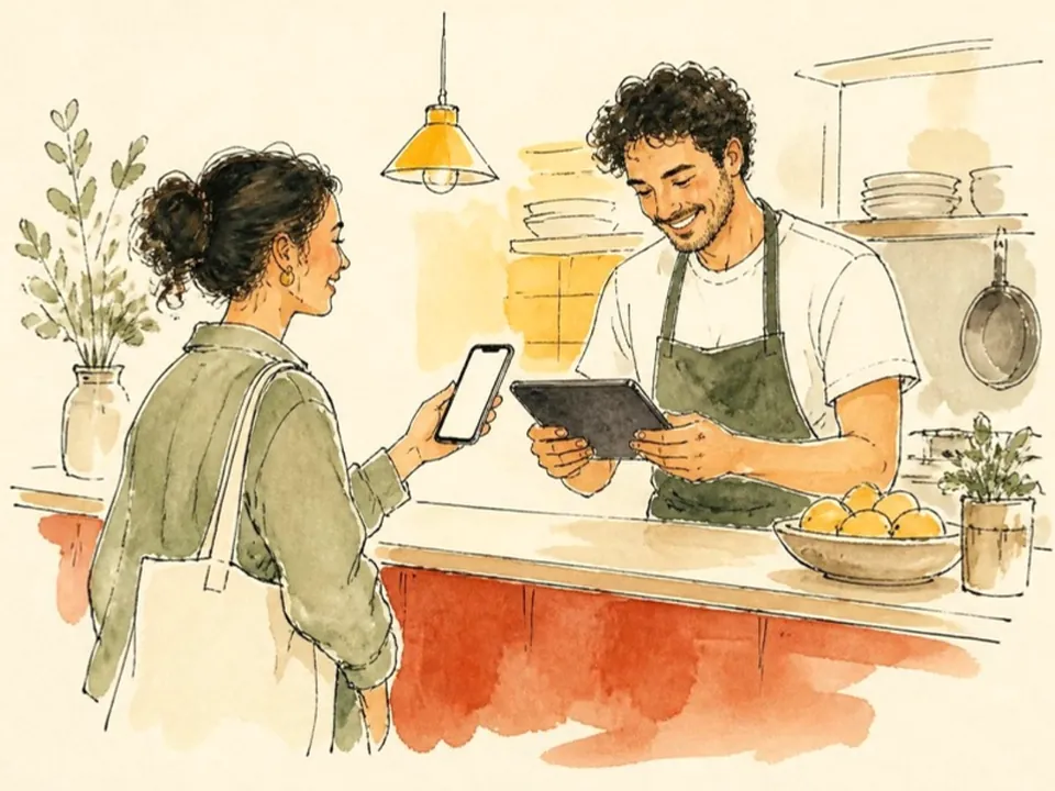 Drawing of a guest showing her phone while staff scan it at the counter