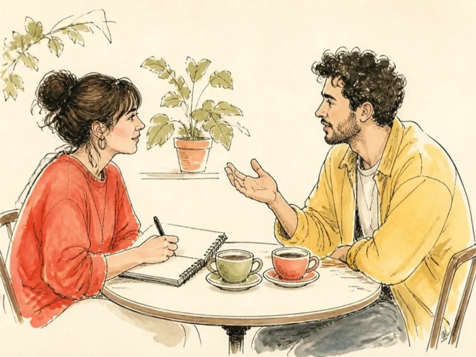 Drawing of two people talking across a café table while one takes notes