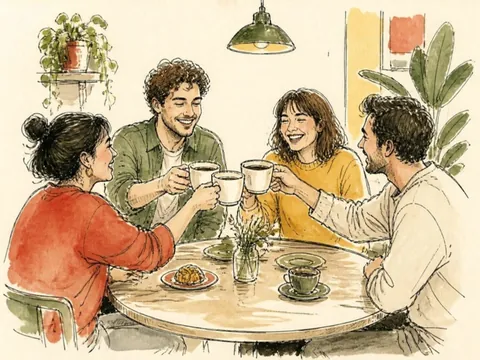 Drawing of friends raising their coffee cups together