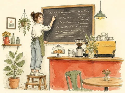 Drawing of a café owner writing the menu on a big chalkboard