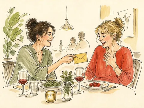 Drawing of a friend handing a gift card envelope across a restaurant table