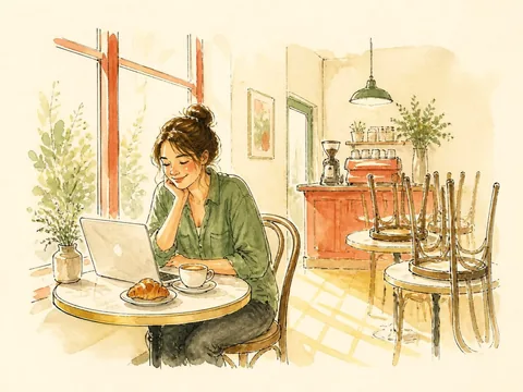 Drawing of a café owner reading an email on her laptop over a croissant before opening