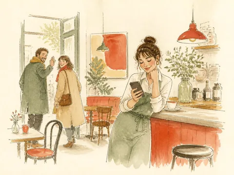 Drawing of a smiling owner reading a review on her phone at the bar while a couple waves goodbye