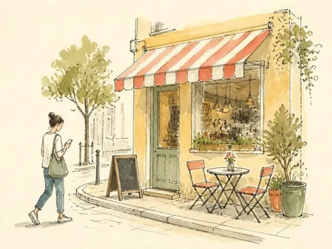 Drawing of a corner café with a striped awning and a passer-by checking her phone
