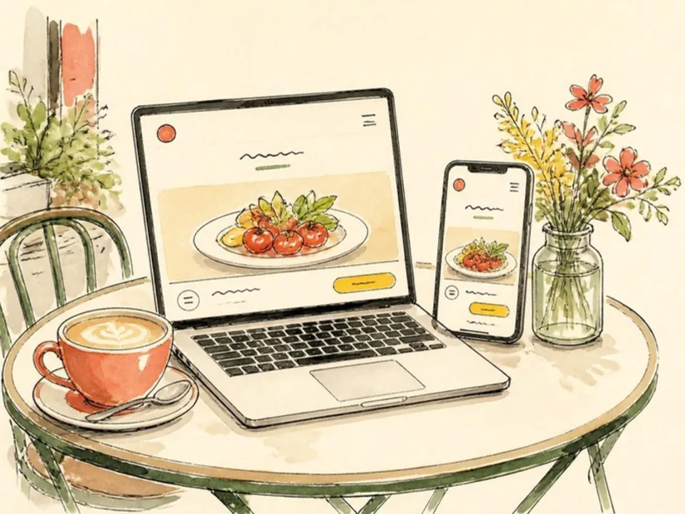 Drawing of a restaurant website on a laptop and a phone, on a bistro table
