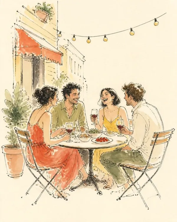 Drawing of four friends laughing over dinner on a terrace under string lights